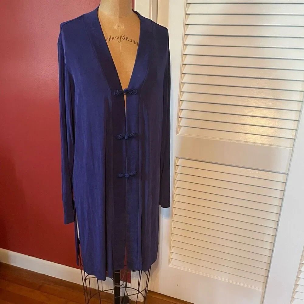 CHICO’S TRAVELERS | indigo blue long cardigan with toggles size 2 or M